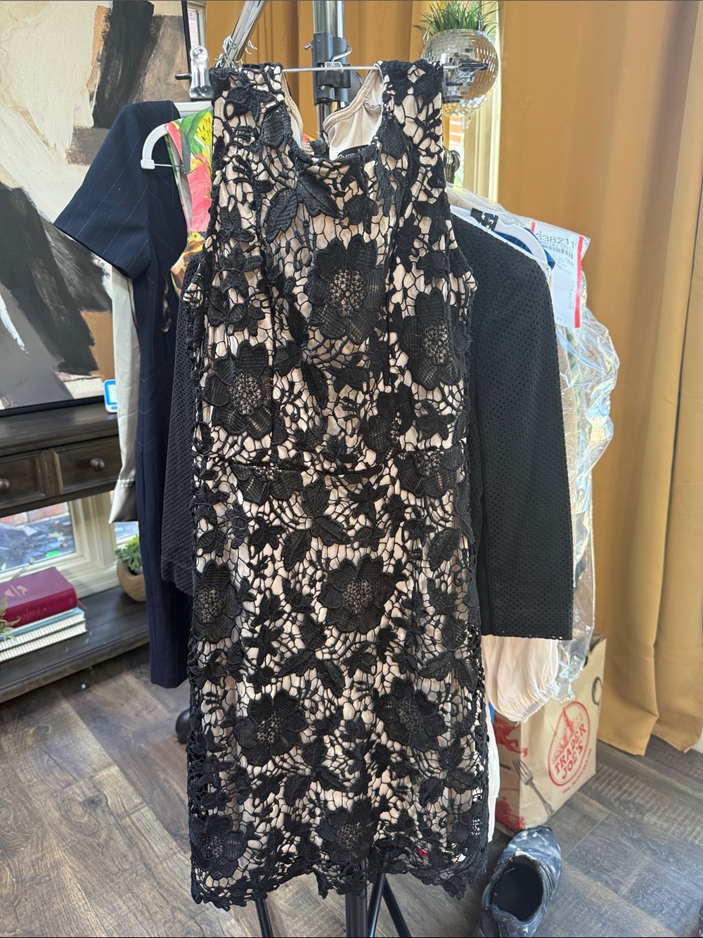 Black Floral Lace Mini Dress with Nude Lining
